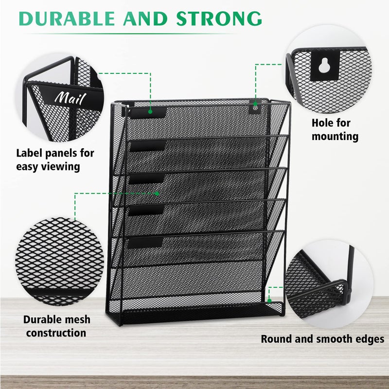 EASEPRES Desk File Organizer Mesh 6-Tier, Hanging Wall Mount Document Organization Stand, Desktop Vertical Mail Paper Folder Holder Rack with Bottom Tray for Office Home Cubicle Countertop, Black - Image 5